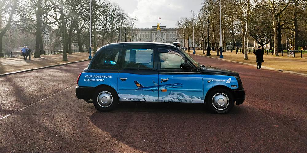 super sdie taxi advertisising iceland air in london